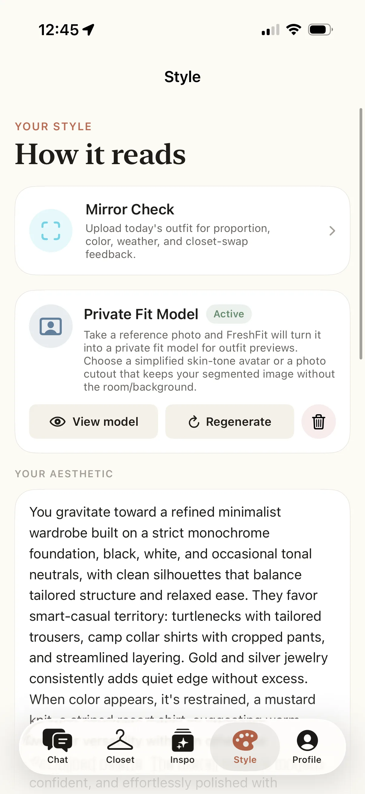 FreshFit style intelligence screen