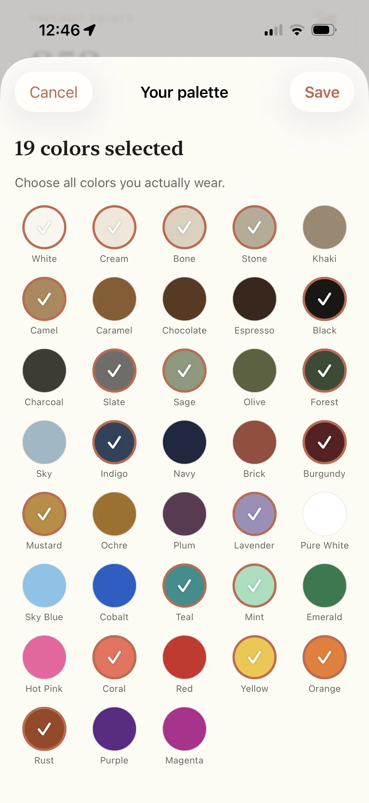 FreshFit palette selection screen